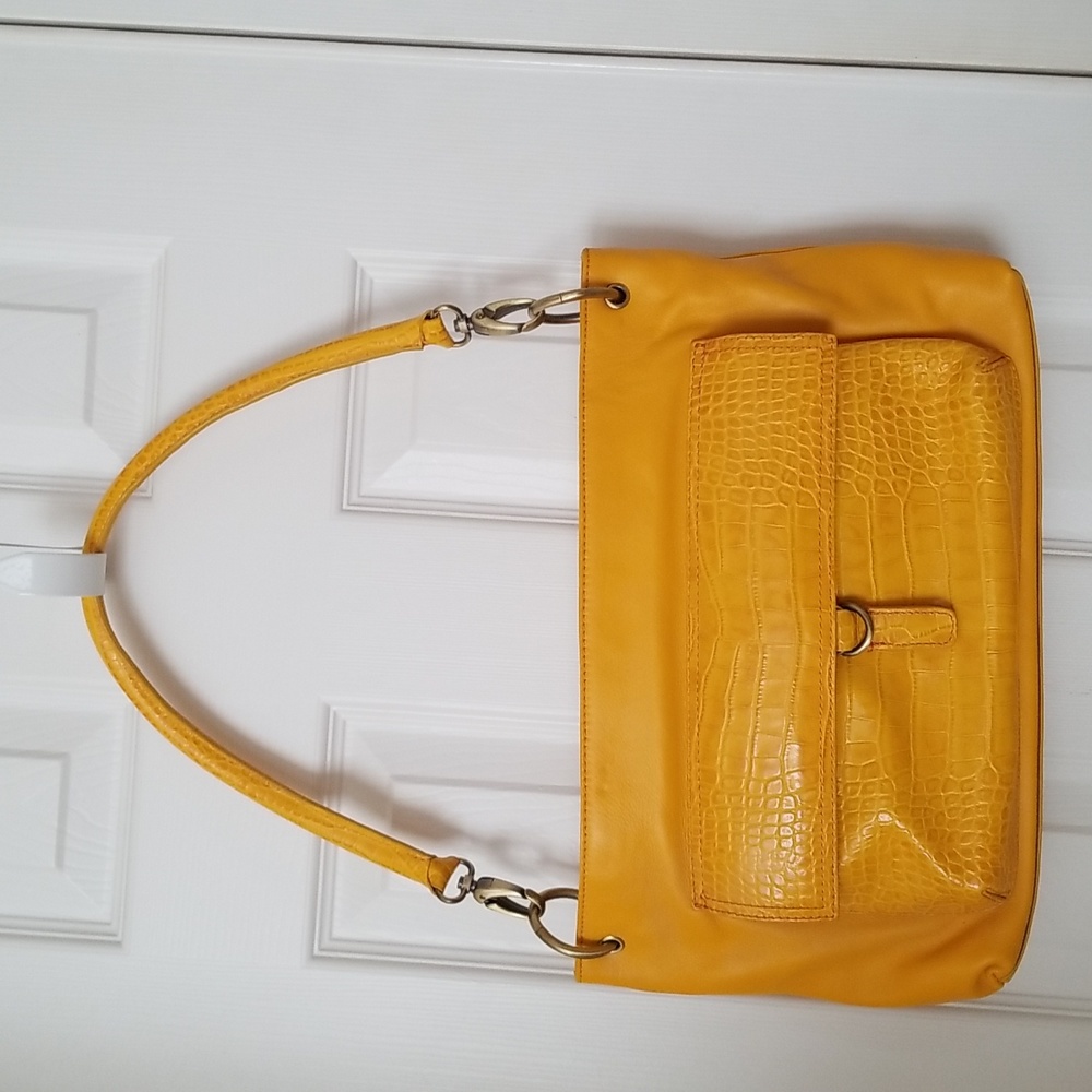 Sondra Robert's Smooth and Croco Embossed Leather Zip Top Bag